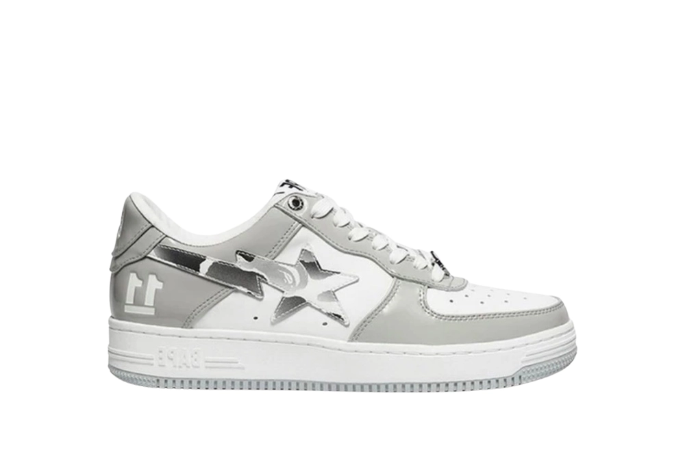 bapesta white leather silver logo af 1