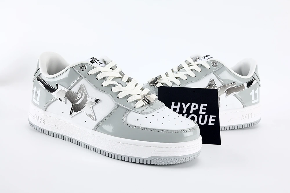 bapesta white leather silver logo af 1